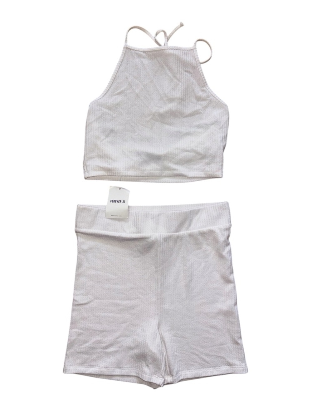 Forever 21 White Ribbed Halter Crop & High-Waist Bike Short Set